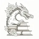 DRAGON WRAPPED AROUND BOOKS WITH FLOWERS IN THE BACKGROUND WITHUT HEAD DEFORMATIONS tattoo design idea