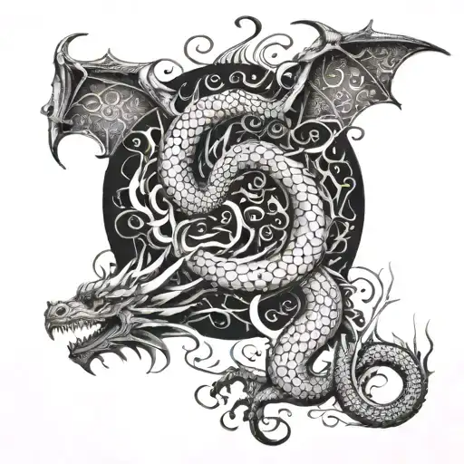 A dragon intertwined with intricate fleur patterns, breathing flames on the back tattoo design idea