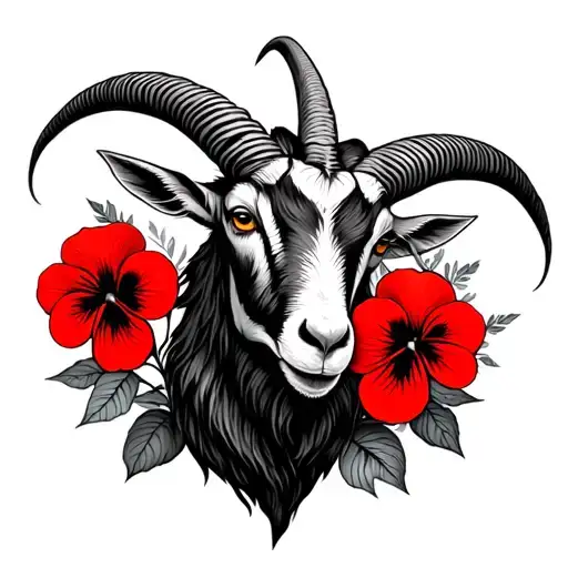Capricorn goat and red pansies tattoo design idea