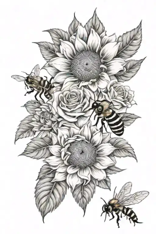 Roses, sunflowers, and honeybee tattoo design idea