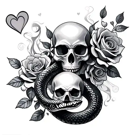 snake, skull, hearts, smoke, roses blooming tattoo design idea