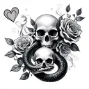 snake, skull, hearts, smoke, roses blooming tattoo design idea