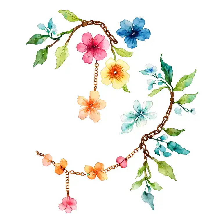 anklet with six different flowers, the chain made of weeping willow branch tattoo design idea