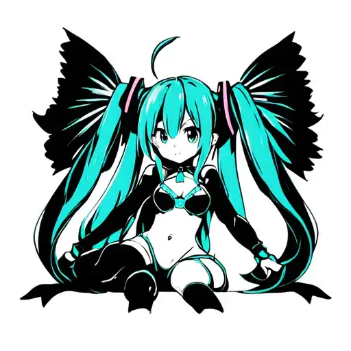 design me a blackwork style tattoo of the character Hatsune miku full body tattoo design idea