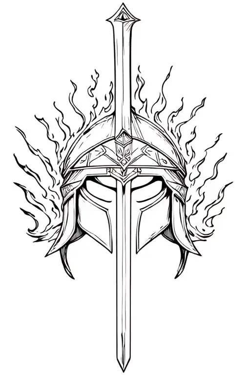 sparta helmet with sword surrounded fire tattoo design idea