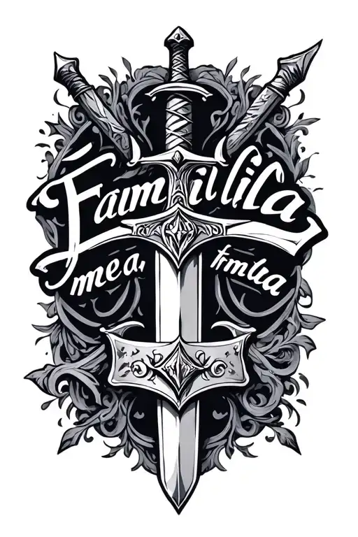 "Familia mea, mea fortitudo" an ornately decorated sword like Excalibur, nothing behind it tattoo design idea