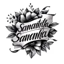 A small, elegant black ink tattoo of the name "Samantha" written in modern cursive script on the inner wrist. The font s tattoo design idea