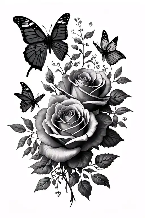 roses flowers butterflies flowy back tattoo realistic tattoo design idea