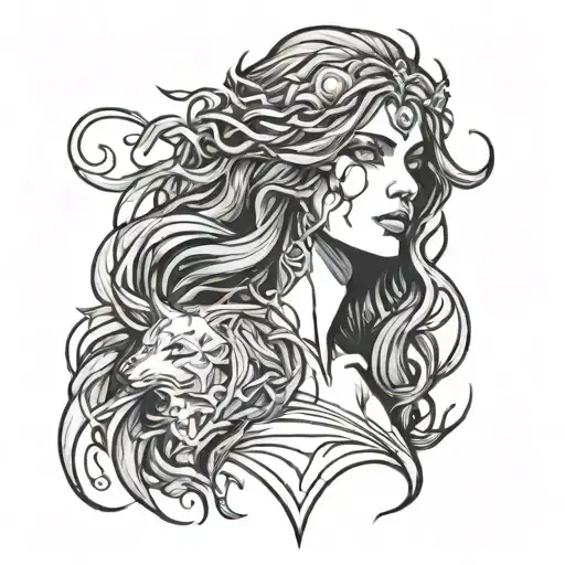 Hecate goddess of magic flowing three headed messy lines rough sketch tattoo design idea