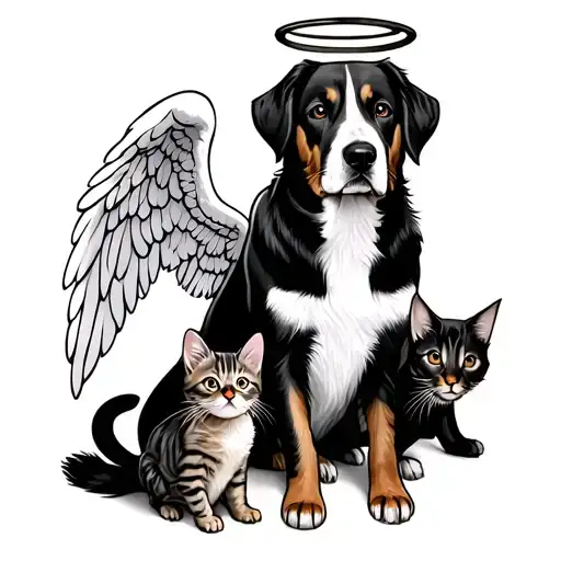 large dog sitting with halo and an angel wing with a tabby cat sitting with a halo and angel wing with a small rat plush tattoo design idea
