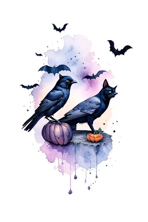 cat and crow Halloween themed tattoo tattoo design idea