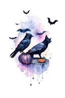 cat and crow Halloween themed tattoo tattoo design idea