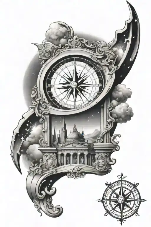 arch monument with compass and space scene inside tattoo design idea