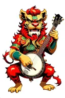 red Chinese lion playing the banjo tattoo design idea