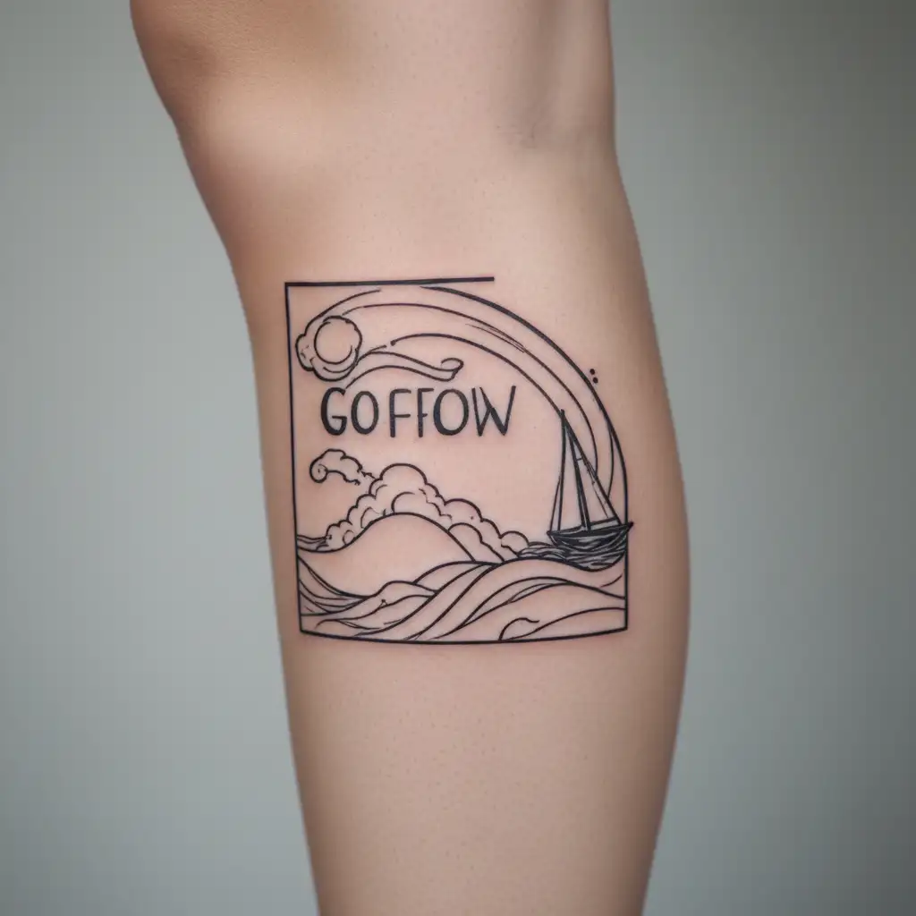 sail boat floating storm waves flowing water. whit the words Go with the flow tattoo design idea