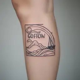 sail boat floating storm waves flowing water. whit the words Go with the flow tattoo design idea