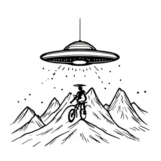 ufo beaming up stickman mountaon biker tattoo design idea