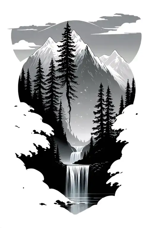 mountains and trees and waterfall tattoo design idea