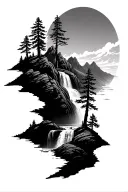 mountains and trees and waterfall tattoo design idea