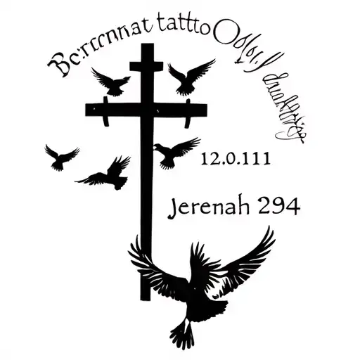 Jeremiah 29:11 verse with a cross 3 flying doves and the birthdate 12.01.84 tattoo design idea