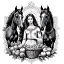 Celtic Goddess, Epona. surrounded by Horses and with a basket of fruit tattoo design idea