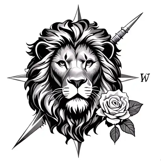 lion and rose and compass tattoo design idea
