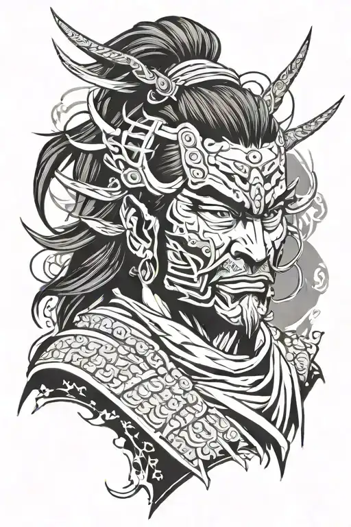 samurai warrior Miyamoto Musashi in Japanese style oni mask tattoo design idea
