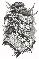 samurai warrior Miyamoto Musashi in Japanese style oni mask tattoo design idea