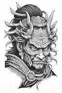 samurai warrior Miyamoto Musashi in Japanese style oni mask tattoo design idea