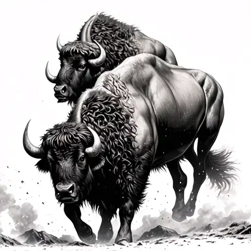 High point of view, back side Bisons buffalos charging thunder storm black and grey tattoo design idea