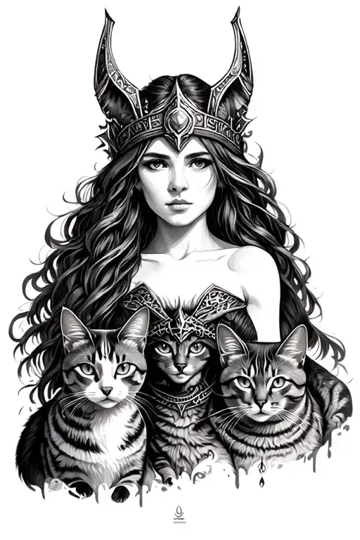 norse goddess freya with cats tattoo design idea