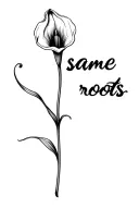 Cursive text 'same roots' in one line, masculine style, with a black and white calla lily at the end of the phrase, fore tattoo design idea