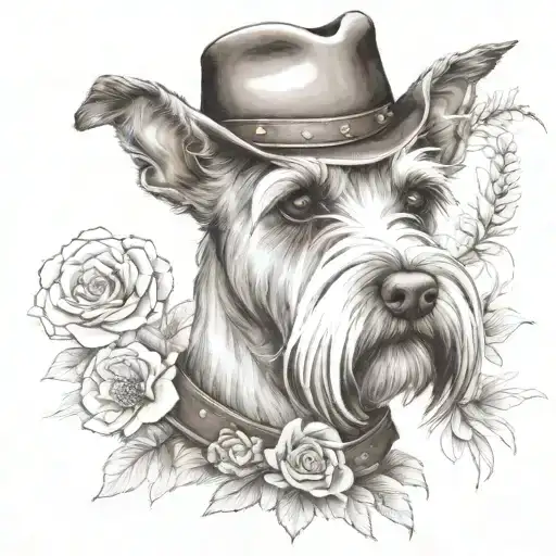wheaten female schnauzer with cowgirl hat and brown eyes and a collar with flowers  with western background tattoo design idea