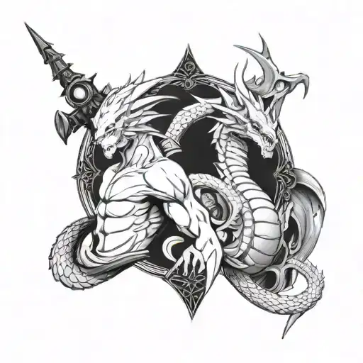 soldier atlas and blue eyes white dragon vertically tattoo design idea
