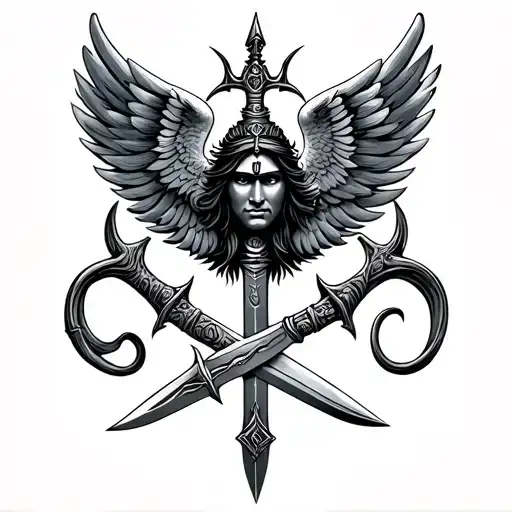 trident with eagle wings spanning out from center and eye of lord shiva at the center. Two daggers at bottom tattoo design idea