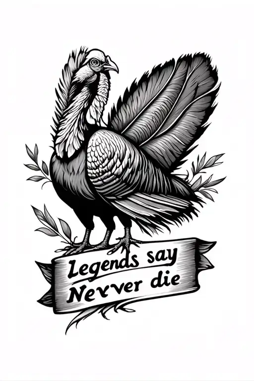turkey feathers with they say legends never die written underneath tattoo design idea