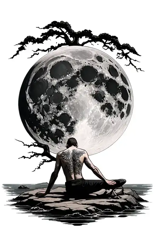 sad man sitting on a rock in front of a huge detailed realistic moon dark evil mysterious moon man exposing his back  tattoo design idea
