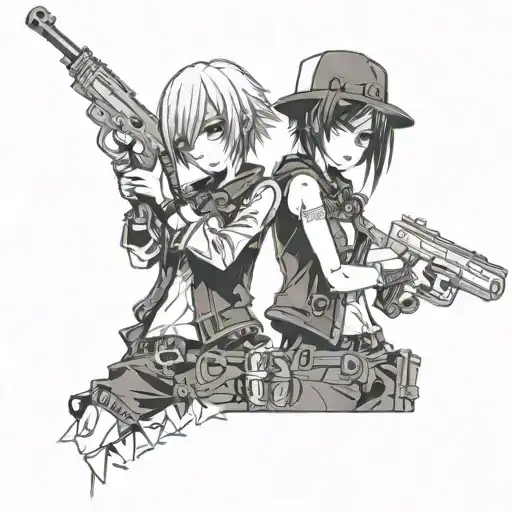 goth emo holding 2 pistols crossing each other tattoo design idea