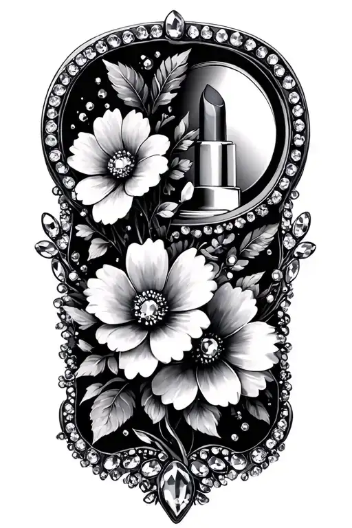 rhinestone mirror with a reflection of cosmo flowers and a tube of lipstick tattoo design idea