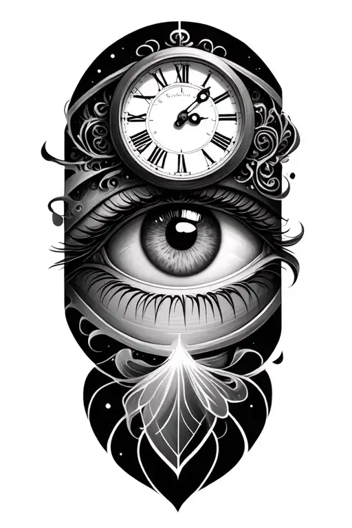 eye and clock embedded tattoo design idea
