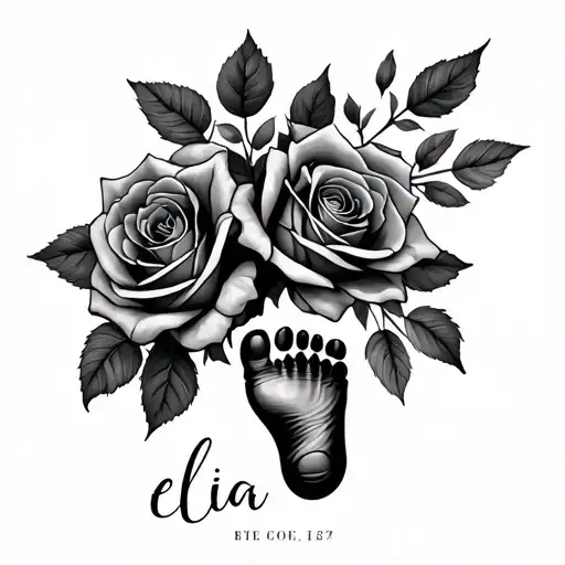winter roses with the name eleia and a baby foot print tattoo design idea