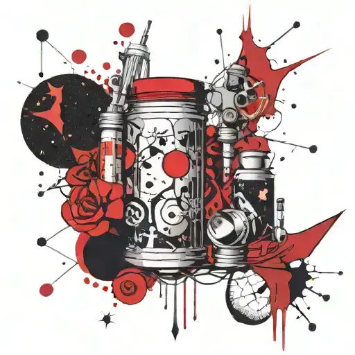 A constellation of love-themed symbols intertwined with pharmacy tools tattoo design idea