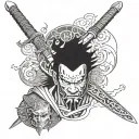 warrior/japanese inspired arm sleeve including themes of Samurai/Oni mask and other great warriors like Miyamoto Musashi tattoo design idea