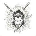 warrior/japanese inspired arm sleeve including themes of Samurai/Oni mask and other great warriors like Miyamoto Musashi tattoo design idea