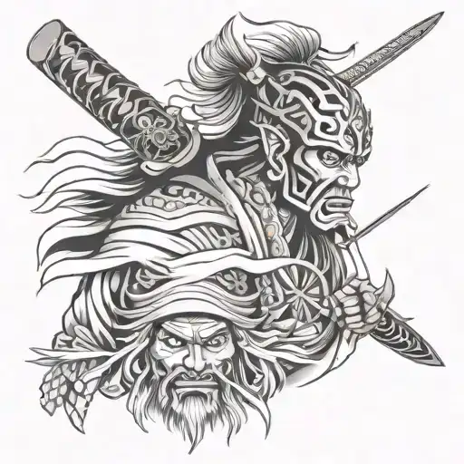 warrior/japanese inspired arm sleeve including themes of Samurai/Oni mask and other great warriors like Miyamoto Musashi tattoo design idea