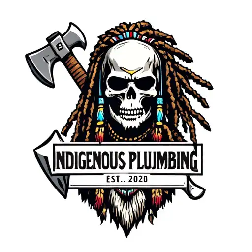 "INDIGENOUS PLUMBING EST.2020" skull dreadlock Native American warrior holding wrench with axe tattoo design idea