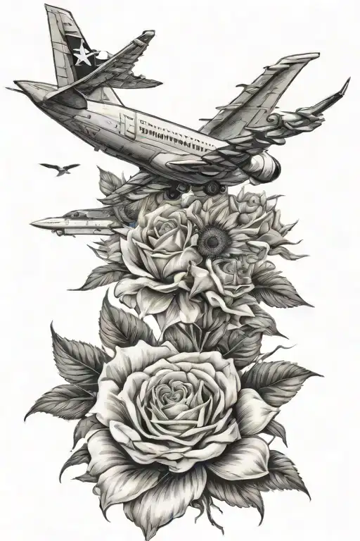 roses sunflower jet plane tattoo design idea