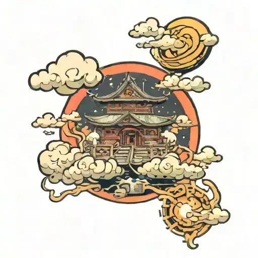 Japanese cloud, land of the dead, dreamland, Cosmicism, cartoony. Shoulder tattoo.  Spirit. tattoo design idea