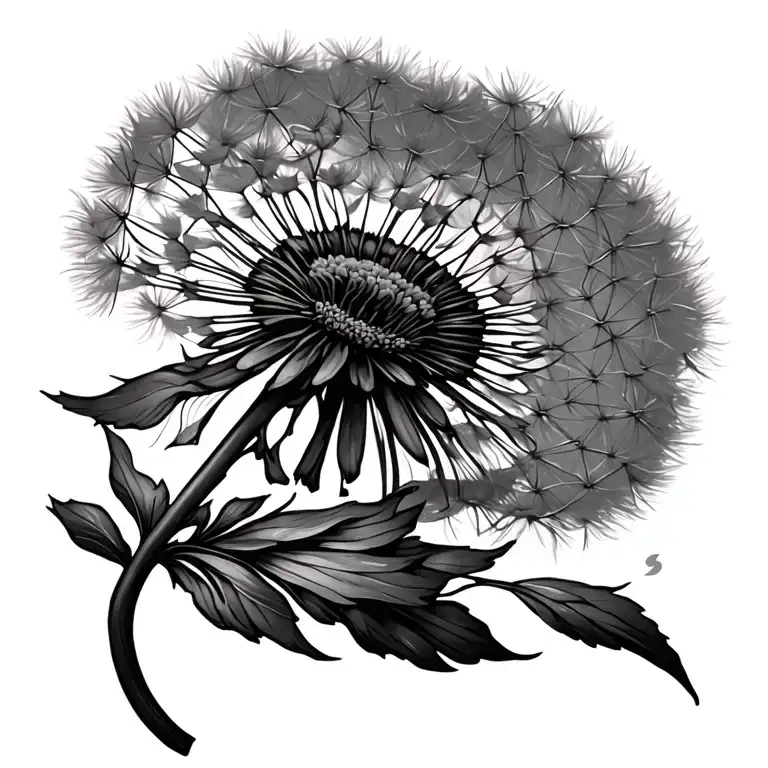 "One step at a time " dandelion flower blowing in wind tattoo design idea