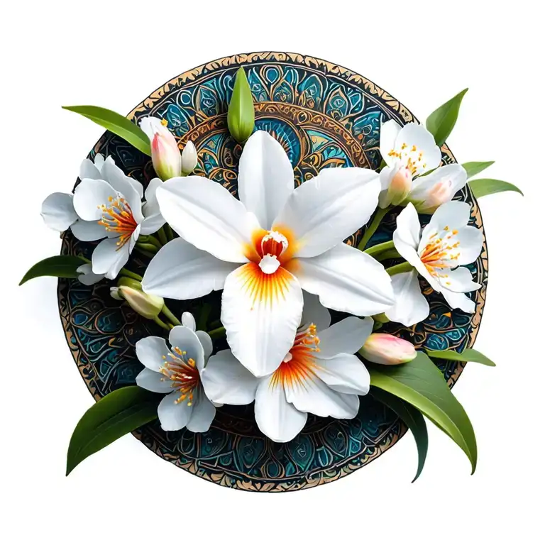 mandala of deep orange cattleya with white cherry blossoms tattoo design idea